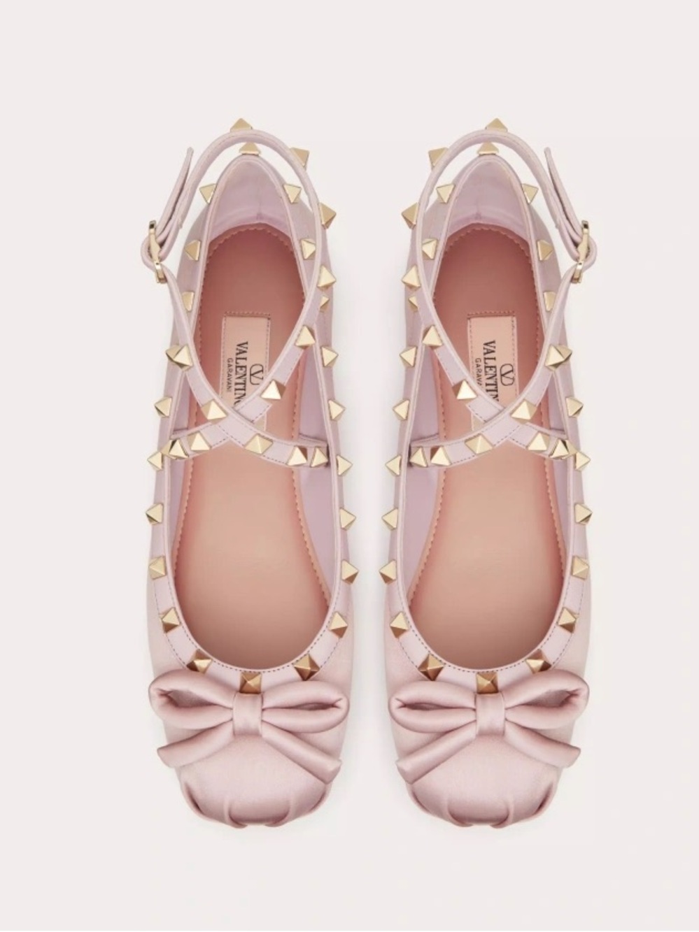 NEW Valentino Garavani Pink Satin Rockstud Bow Ballet Flats